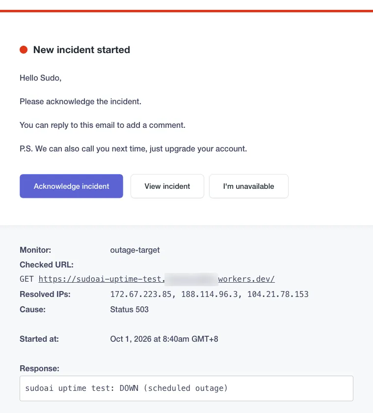 Better Stack New incident started email with Acknowledge incident, View incident and I'm unavailable buttons, monitor outage-target, cause Status 503