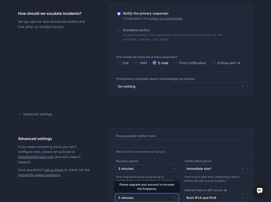 Better Stack monitor form: email is the only enabled notification channel ticked, and a tooltip on check frequency says Please upgrade your account to increase the frequency