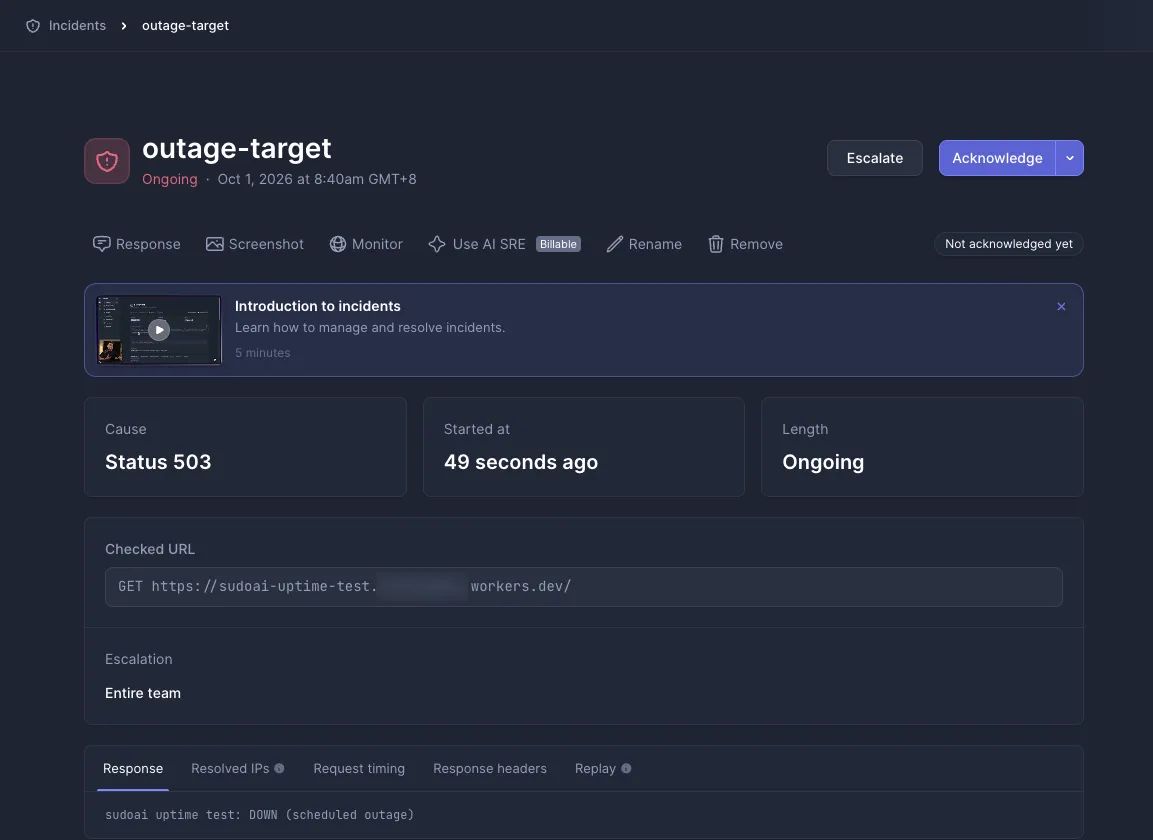 Better Stack incident page for outage-target: Ongoing, cause Status 503, started 49 seconds ago, not acknowledged yet, with a Screenshot tab and the checked URL