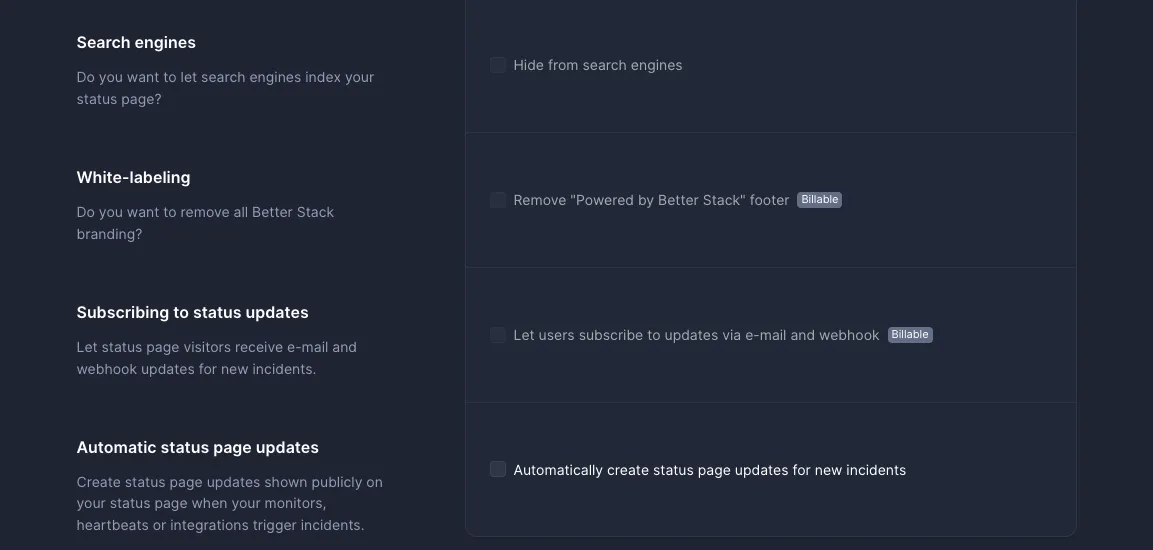 Better Stack status page settings: Hide from search engines unchecked, Remove Powered by Better Stack footer and subscriber updates both tagged Billable