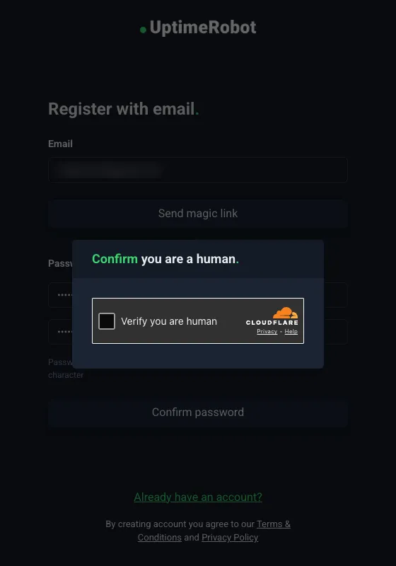 UptimeRobot Register with email form covered by a Confirm you are a human modal with a Cloudflare Verify you are human checkbox