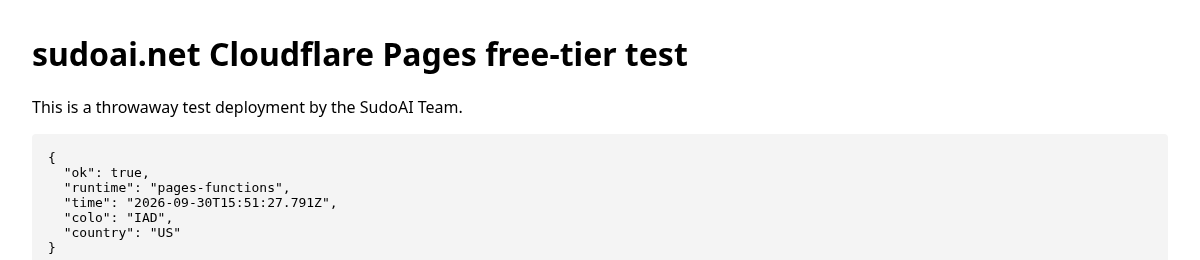 Cloudflare Pages live test page rendering JSON fetched from Pages Function