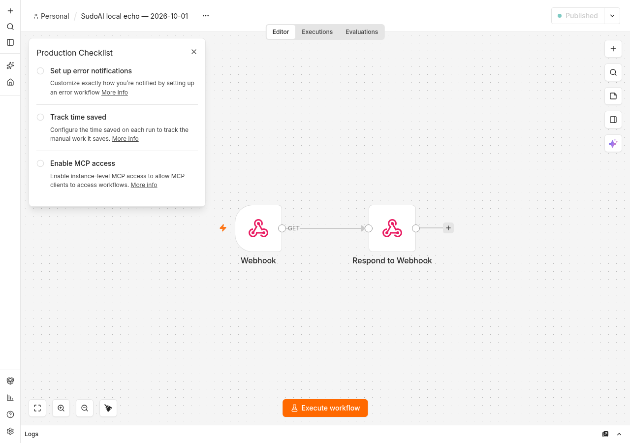 The real n8n Community editor with our published Webhook → Respond to Webhook fixture.
