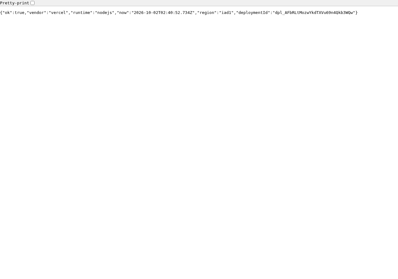 The hosted Vercel API JSON response with region and deployment ID.